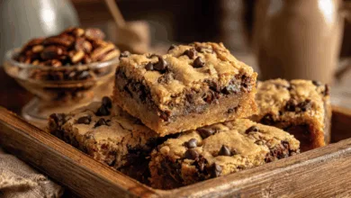 chocolate chip pecan cookie bars fresh from the oven