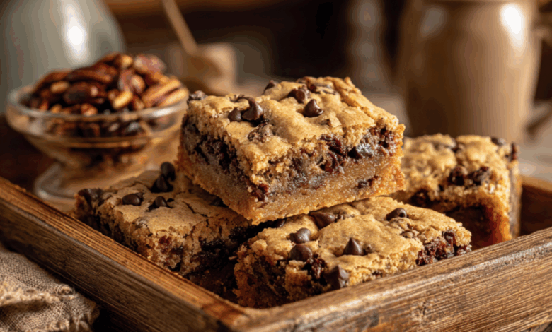chocolate chip pecan cookie bars​ fresh from the oven