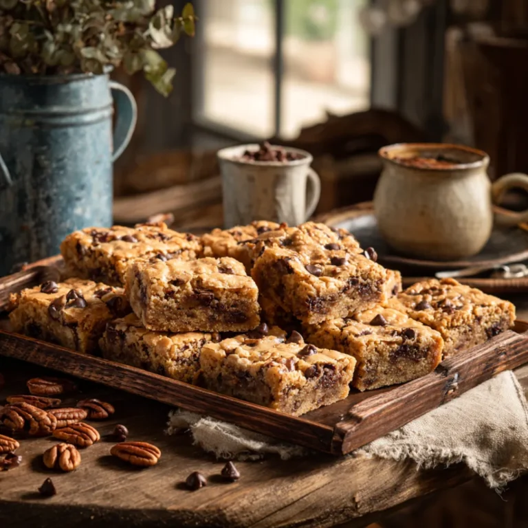 Recipe card for chocolate chip pecan cookie bars