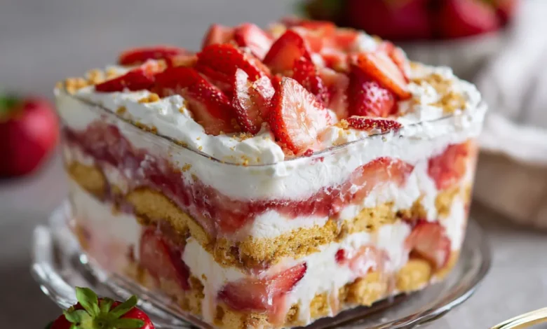 Strawberry lasagna recipe with golden Oreos featured image