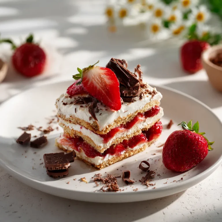 Strawberry lasagna recipe with golden Oreos recipe card