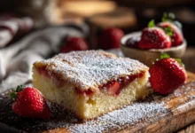 strawberry ooey gooey butter cake on table