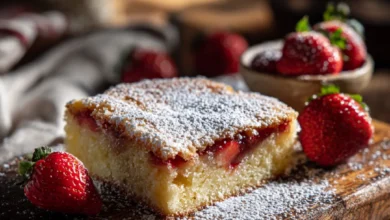 strawberry ooey gooey butter cake on table